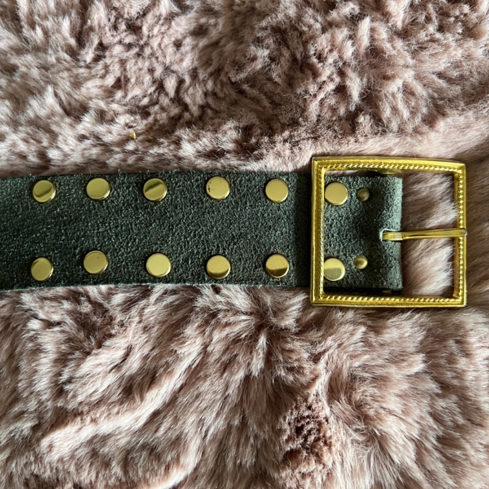 VINTAGE 80s Sage/Olive Suede Gold Tone Bling Studded Fashion Belt - unique! - Picture 10 of 14